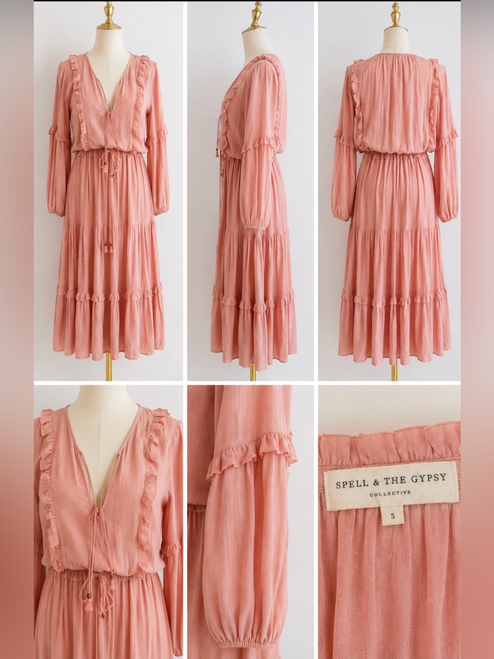 Spell & The Gypsy Blush Pink Ruffle Tiered Boho Midi Dress Size Small
